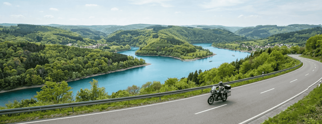 Motorrijder op een bochtige weg boven de Rursee in de Noord-Eifel met uitzicht over het water