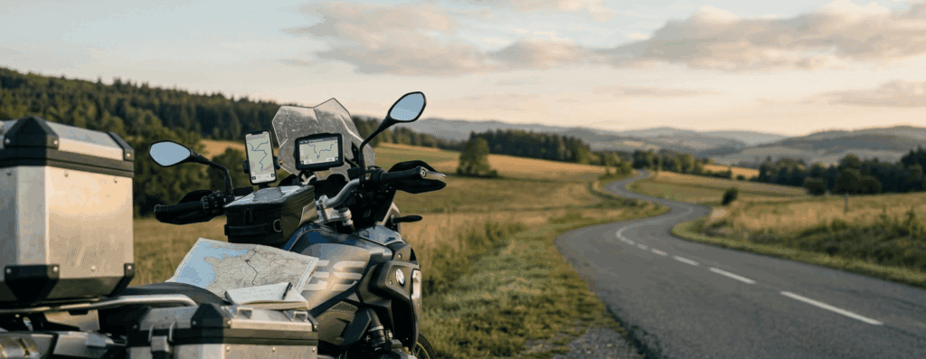 Motor met navigatie en routeplanning klaar voor vertrek op een bochtige Europese weg.