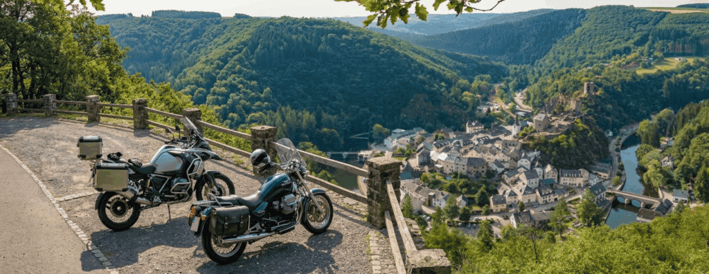 Geparkeerde motoren bij een mooie stop in Luxemburg met uitzicht op rivier, dorp en groene heuvels