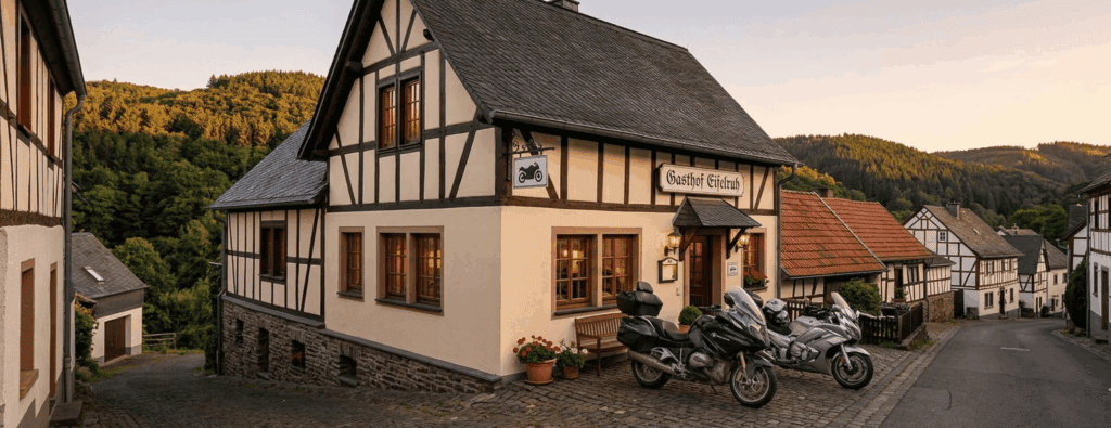 Motorvriendelijk hotel in de Eifel met geparkeerde motoren voor een weekendtrip