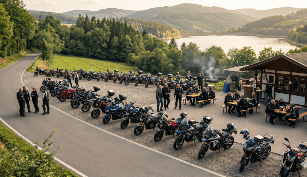 Drukke Duitse bikertreff met geparkeerde motoren, motorrijders en terras aan een populaire route