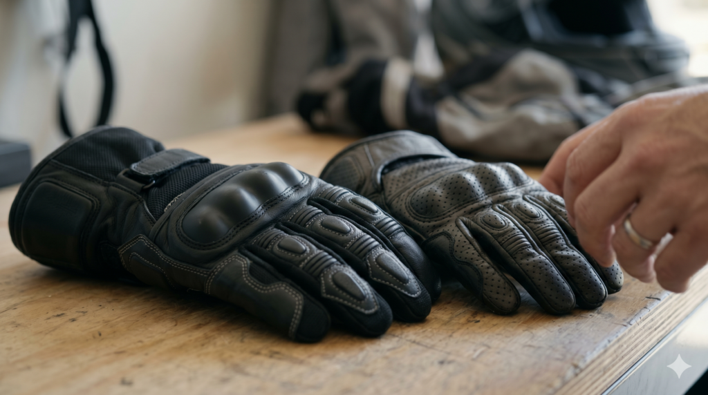 Close-up van motorhandschoenen met knokkelbescherming en verschillende types