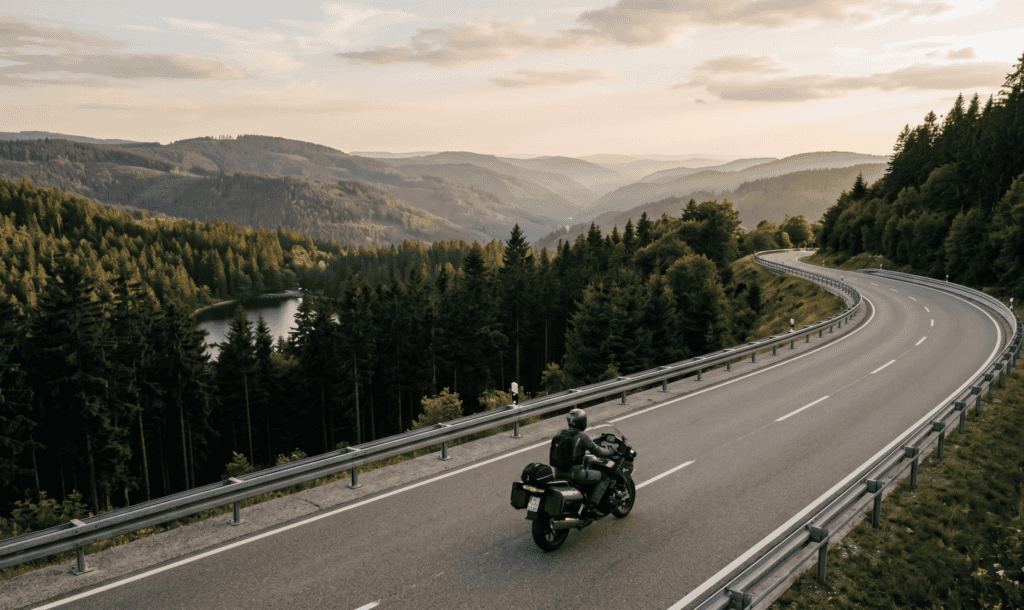 Motorrijder op de B500 in het Zwarte Woud met breed asfalt, bosrijk decor en hoogteverschillen